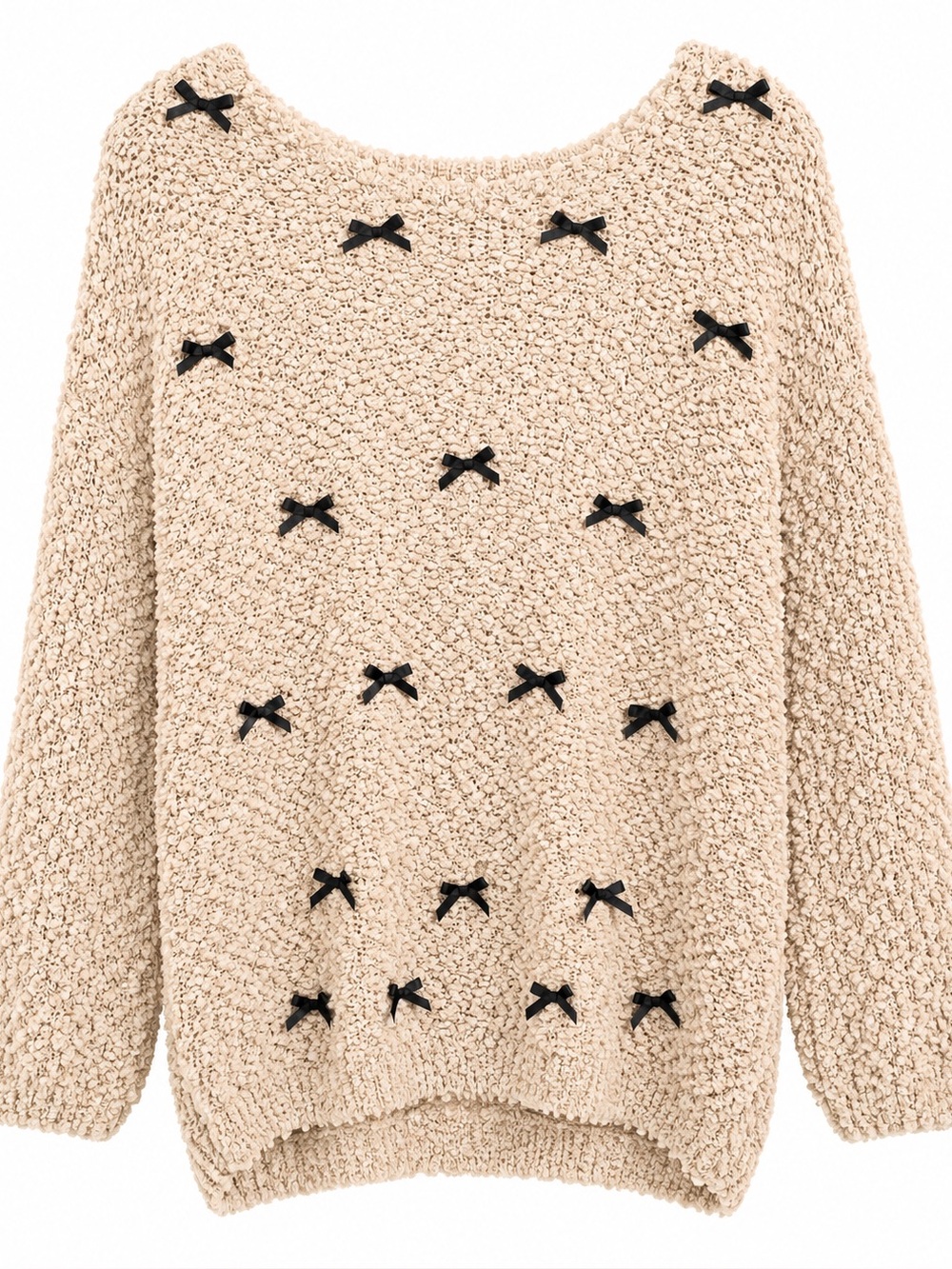 Cream Popcorn Knit Sweater with Black Bow Accents | Cozy Cottagecore Chi